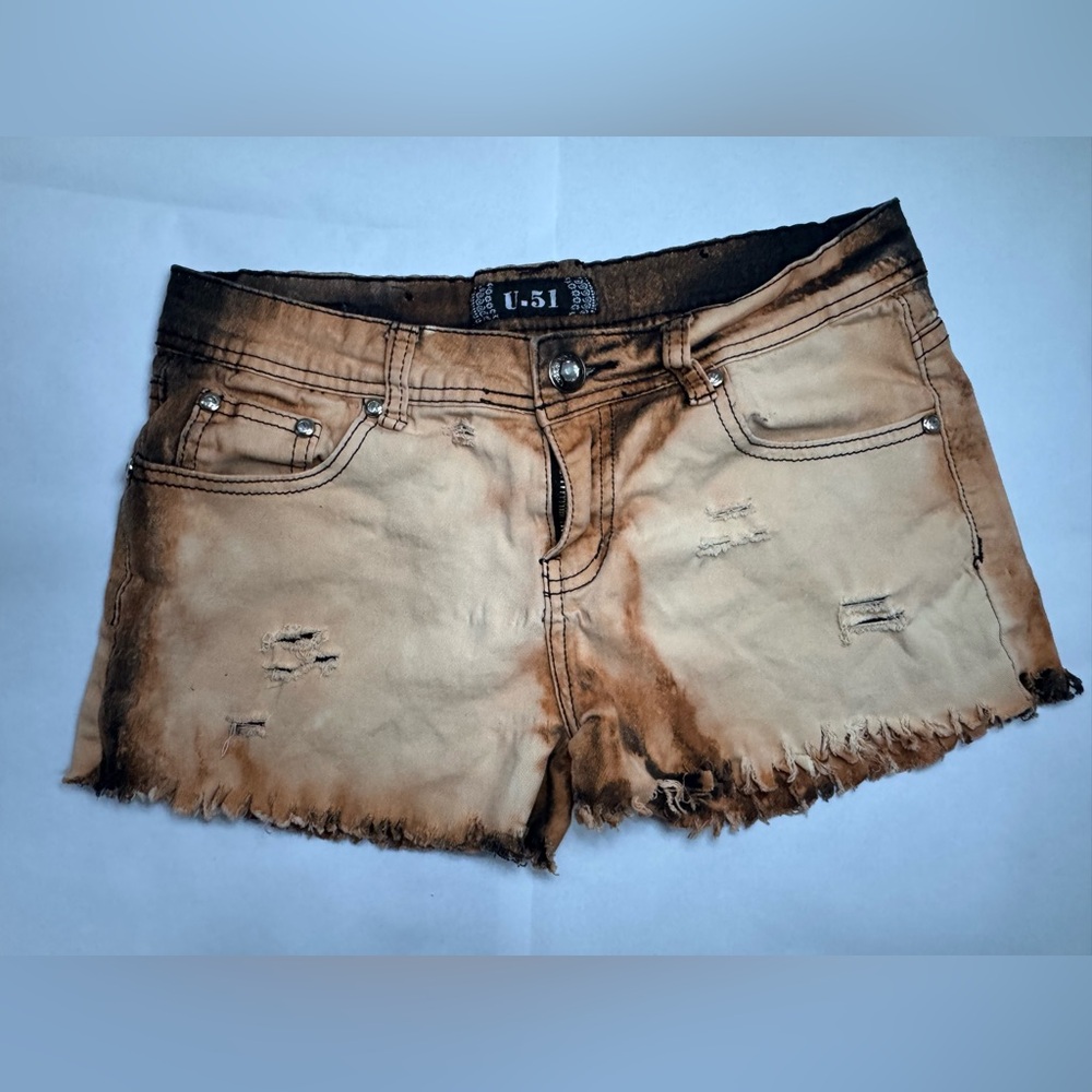 U-51 Womens Distressed Denim Shorts Bleach Wash Frayed Hem Stretch Size 7